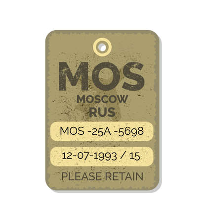 Old vintage luggage tag. Baggage checks or ticket for passenger flight. Baggage ticket for passengers at airport. Detail grunge passport for stamps, tag registered. Moscow, Russia country label vectorのイラスト素材