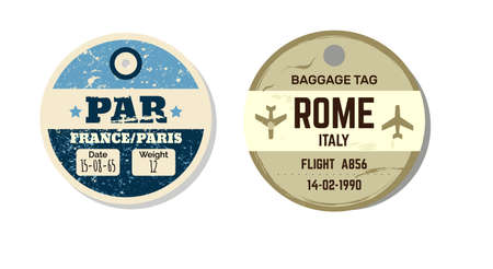 Old vintage luggage tag. Baggage checks or ticket for passenger flight. Baggage ticket for passengers at airport. Grunge passport for stamps, tag registered. Paris, France, Rome, Italy country labelのイラスト素材