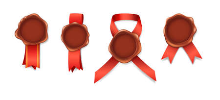 Set realistic retro vintage red seal wax stamps with logos pictograms labels and ribbons. Stamp wax for a certificate, documents, envelopes, certification protection, warranty, quality mark vectorのイラスト素材