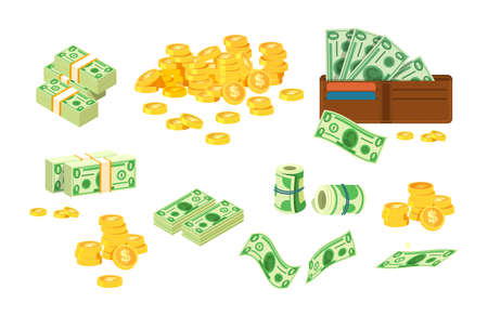 Euro and dollars money banknotes and coins. Bag of gold coins, money tree with bills, suitcase of money and wallet with paper currencies. Colorful flying dollar and euro banknotes with bundles vectorのイラスト素材