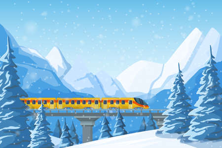 High-speed train traveling by rail, on a bridge, among mountains, snow-covered hills, winter forest pines and hills. Winter fir trees in snow among snow-capped mountains landscape illustration vectorのイラスト素材