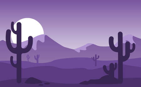 Vector cartoon landscape of evening view of desert with mountains and hills, vegetation, wasteland. Abstract gradient landscape summer background. Bright landscape wild nature.のイラスト素材