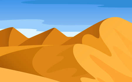 Vector cartoon bright landscape, view of desert with mountains, hills, loose sand, endless expanses, huge sky with clouds. Abstract gradient landscape summer background. Bright landscape wild nature.のイラスト素材
