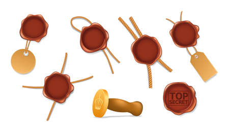 Set realistic retro vintage red seal wax stamps with logos pictograms labels and ribbons. Stamp wax for a certificate, documents, envelopes, certification protection, warranty, quality mark vectorのイラスト素材