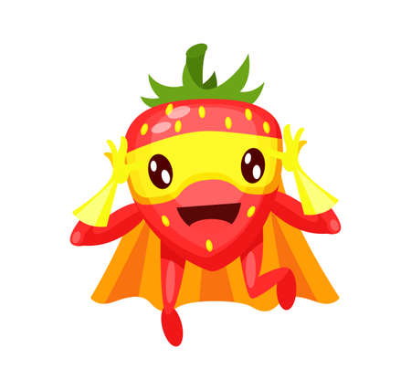Funny cartoon character fruit strawberry in superhero costume at masks emotion with hands up. Vegetable character super hero product fun food costume vector illustration isolatedのイラスト素材