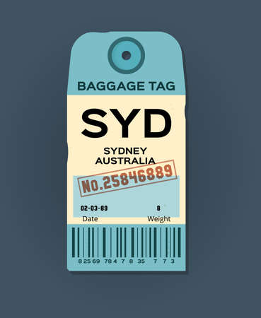 Old vintage luggage tag. Baggage checks or ticket for passenger flight. Baggage ticket for passengers at airport. Grunge passport for stamps, tag registered. Sydney, Australia country label vectorのイラスト素材