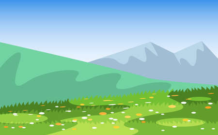 Vector cartoon field landscape of summer meadows, grass with flowers, vegetation, mountains and hills. Abstract gradient landscape summer background. Bright landscape beautiful nature.のイラスト素材