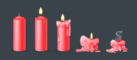 Burning candles flame set. Cartoon burning red wax candles on the different stages of burning from a whole before an extinguished candle to cinder vector illustrationのイラスト素材