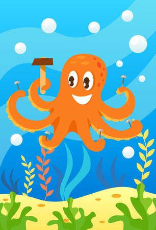 Cute smiling animals and underwater world. Cute octopus holds hammer and many nails in each of its tentacles. Undersea world animals, algae and water bubble cartoon vector illustration.のイラスト素材