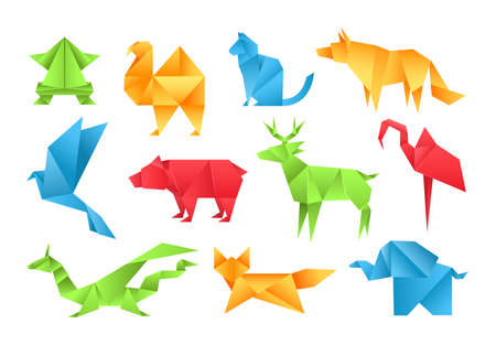 Origami animals different paper toys set frog, bird, camel, bear, cat, deer, fox, dragon, elephant, dinosaur, flamingo, wolf cartoon geometric game toys japanese paper origami wildlife symbol vectorのイラスト素材