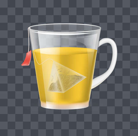 Realistic glass transparent cup with hot fresh black tea in pyramidal tea bag on a dark transparent background vector illustrationのイラスト素材