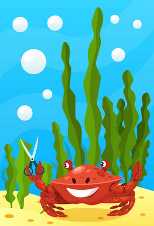 Cute smiling animals and underwater world. Cute crab with scissors. Undersea world animals, algae and water bubble cartoon vector illustration.のイラスト素材