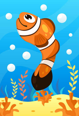 Cute smiling animals and underwater world. Cute clown fish. Undersea world animals, algae and water bubble cartoon vector illustration.のイラスト素材