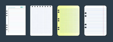 Separate torn pages of empty notebooks, diaries, write notes. Sheets with grid squares, lines, dates diary, simple geometric pattern vector illustrationのイラスト素材