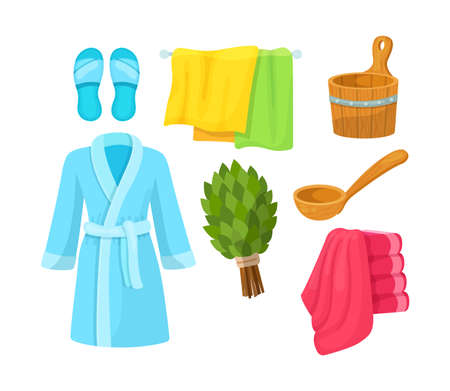 Bath accessories cartoon set. Bath towels, bathrobes, hygiene products, sauna barrel, slippers, broom, washcloth, for bathroom cartoon vector illustrationのイラスト素材