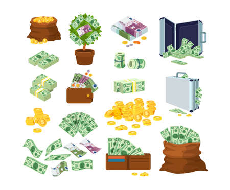 Euro and dollars money banknotes and coins. Bag of gold coins, money tree with bills, suitcase of money and wallet with paper currencies. Colorful flying dollar and euro banknotes with bundles vectorのイラスト素材