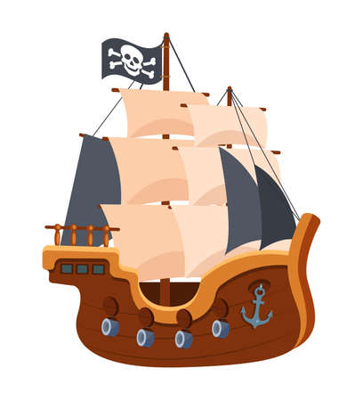 Pirate ship with black sails and flag. Adventure, journey in sea on equipment wooden boat, filibuster bounty corsair. Pirate sea ship on water. Cartoon vector illustration.のイラスト素材