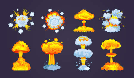 Animation for game of explosion effect. Frame comic animation with effect of fun explosion, divided into separate scenes framed artwork. Fire smoke, burning with elements flame, particles vectorのイラスト素材