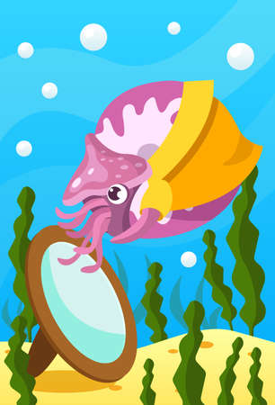 Cute smiling animals and underwater world. Cute clam trying on shirt in front of mirror. Undersea world animals, algae and water bubble cartoon vector illustration.のイラスト素材