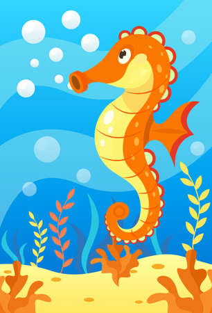 Cute smiling animals and underwater world. Cute seahorse blows soap bubbles. Undersea world animals, algae and water bubble cartoon vector illustration.のイラスト素材