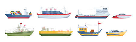 Maritime ships at sea, shipping boats, sailboat, yacht sailing, cargo cruise ship, steamship, vessel, frigate with sails, battleship, tanker. Water transportation boat tourism transport cartoon vectorのイラスト素材