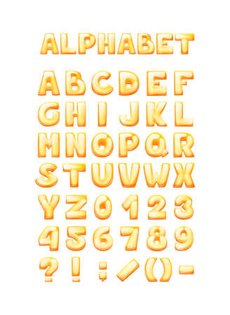 Comic game font cartoon bubble lettering, fonts. Colorful lowercase letters of an alphabet with glint. Bright letters for typography inscriptions, numbers, signs for kids vector illustrationのイラスト素材
