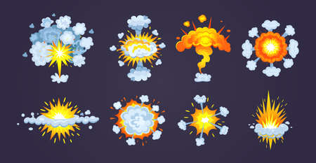 Animation for game of explosion effect. Frame comic animation with effect of fun explosion, divided into separate scenes framed artwork. Fire smoke, burning with elements flame, particles vectorのイラスト素材