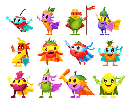 Super hero fruits, vegetables. Characters in different poses in costume at masks. Vegetable character superhero lemon, pineapple, strawberry, cherry, banana, carrot, eggplant, corn, beet, plum vectorのイラスト素材