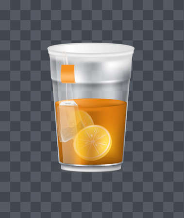 Realistic plastic transparent cup with hot fresh black tea with pyramidal tea bag and lemonon a dark transparent background vector illustrationのイラスト素材