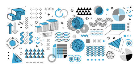 Memphis graphic retro graphic, minimal graphic geometric elements lines. Vintage geometric shapes abstract figure in pointillism, memphis, template for poster banner. Abstract vector line designs.のイラスト素材