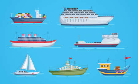 Maritime ships at sea, shipping boats, sailboat, yacht sailing, cargo cruise ship, steamship, vessel, frigate with sails, battleship, tanker. Water transportation boat tourism transport cartoon vectorのイラスト素材
