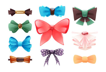 Fashion colorful tie bow accessories cartoon with tied ribbons for Christmas invitation. Color silk bow for lady and gentleman for gift birthday, holiday, theater, circus set vector illustrationのイラスト素材