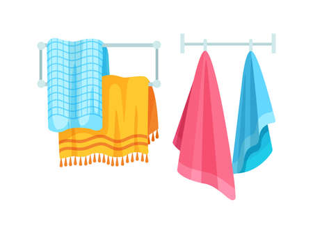 Bath accessories cartoon set. Bath towels. Clothes dryer, hanging color cloth towels. Towel bath for hygiene for bathroom kitchens, saunas cartoon vector illustrationのイラスト素材