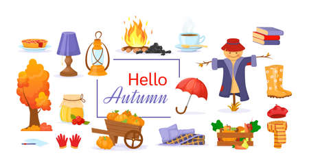 Set of cartoon elements of autumn. Tree with leaves, raincoat, warm clothes, book, kerosene lamp, rubber boots, scarecrow, wooden pumpkin cart vector. Harvest time autumn greeting card vector.のイラスト素材