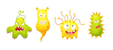 Microorganism, bacteria, microbes, cute germs, virus cell, bacillus with funny smiley faces. Viruses bacteria emoticon, microbe monsters smiling pathogen microbes coronavirus cartoon characters vectorのイラスト素材
