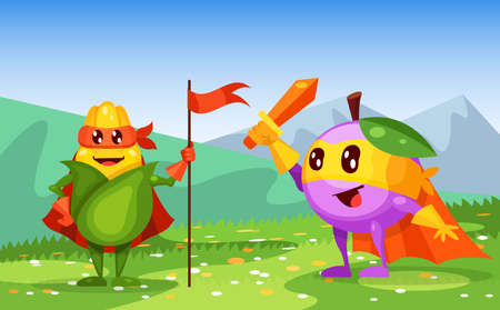 Funny cartoon character fruit plum in superhero costume at masks emotion with hands up, corn with flag in hand. Vegetable character super hero product fun food costume vector illustration isolatedのイラスト素材