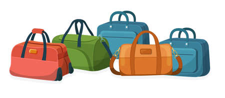 Travel luggage, plastic case, metal backpacks and leather bag. Travel suitcase with wheels, journey package, business travel bag, trip luggage. Vector backpack suitcase for journey, vacation, tourism.のイラスト素材