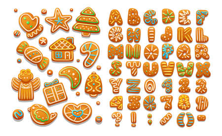 Christmas and New Year holidays gingerbread cookies alphabet. Xmas cartoon cookies alphabet, sweet winter food with decorated glazed sugar, arabic numbers, signs, covered icing-sugar vectorのイラスト素材