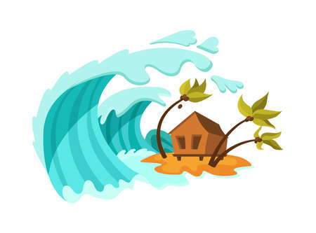 Natural disasters Tsunami. Natural strong disaster with rain, tsunami water waves covering the house. Cataclysm, catastrophe, destruction of nature and environmental damage cartoon vector illustrationのイラスト素材