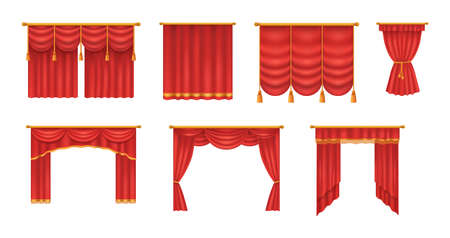 Realistic red theater curtains. Red silk velvet curtains and draperies design interior, theater stage decoration, wedding salon, cinema, hall opera. Luxury fabric texture isolated vector illustrationのイラスト素材