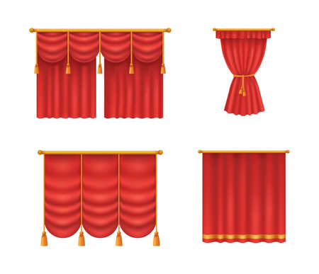 Realistic red theater curtains. Red silk velvet curtains and draperies design interior, theater stage decoration, wedding salon, cinema, hall opera. Luxury fabric texture isolated vector illustrationのイラスト素材
