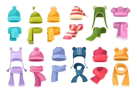 Cute knitted warm autumn and winter clothing. Warm kids boy and girl hats and scarves. Headwear and accessories, children clothes accessory for cold weather cartoon vectorのイラスト素材