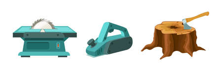 Wood industry material tools planer, sawing machine and tree stump with ax. Logs, boards for the forest lumber industry and farming set cartoon vector illustrationのイラスト素材