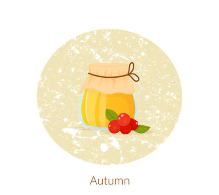 Honey product. Glass transparent jar with full of honey Harvest time autumn greeting card vector illustrationのイラスト素材