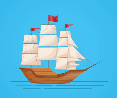 Maritime ships at sea, sailboat, frigate with sails water transportation tourism transport cartoon vector isolatedのイラスト素材