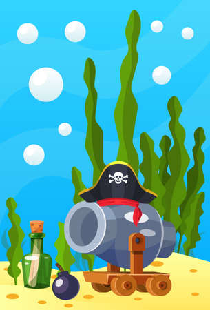 Pirate theme. Vector cartoon cannon with cannonball, bottle of papyrus, pirate hat at depths of sea, among the sand under water. View of underwater world, ancient treasures vectorのイラスト素材
