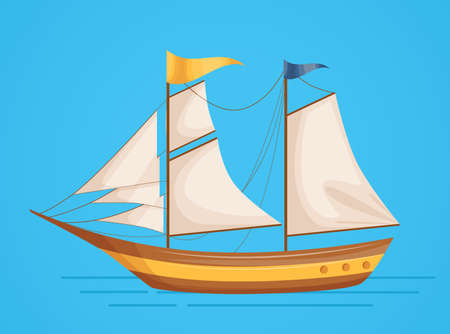Maritime ships at sea, sailboat, sailing yacht water transportation tourism transport cartoon vector...