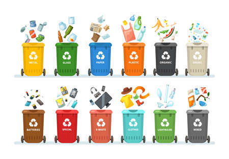 Trash in garbage cans with sorted garbage for organic, paper, plastic, glass, metal, tablets, batteries. Separation of garbage into different containers. Recycling sorting, waste collection vectorの素材 [FY310157526394]