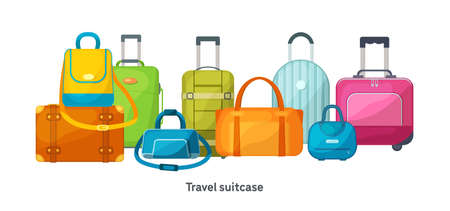 Travel luggage, metal backpacks, plastic case and leather bag. Travel suitcase with wheels, journey package, business travel bag, trip luggage. Backpack suitcase for journey, vacation, tourism vectorのイラスト素材