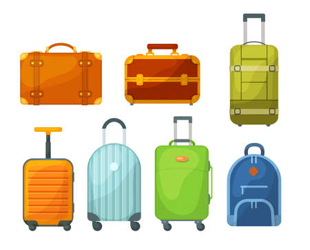 Travel luggage, metal backpacks, plastic case and leather bag. Travel suitcase with wheels, journey package, business travel bag, trip luggage. Backpack suitcase for journey, vacation, tourism vectorのイラスト素材